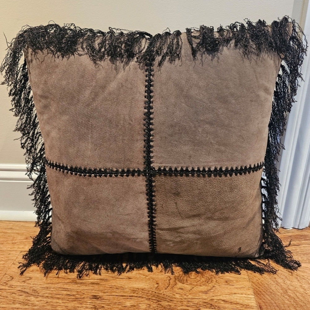 Leather Accent Pillow Fringe Gray and Black